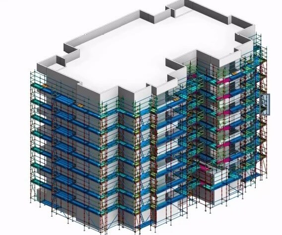 Modelo 3D de andamio de fachada diseñado por el departamento de ingeniería